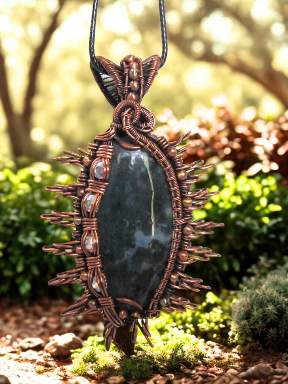 Moss Agate Copper Wire Wrapped Statement Pendant Necklace Handcrafted Boho Jewel